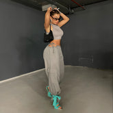 High Waist Hollow Out Cutout Drawstring Solid Color Ankle Banded Working Pants Retro Easy Matching Solid Color Straight Leg Pants
